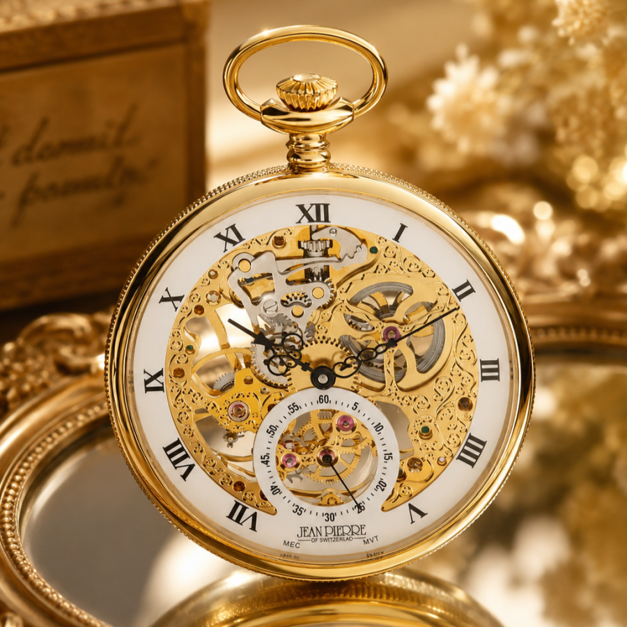 Gold Plated Open Face Skeleton Dial Mechanical Pocket Watch with Chain
