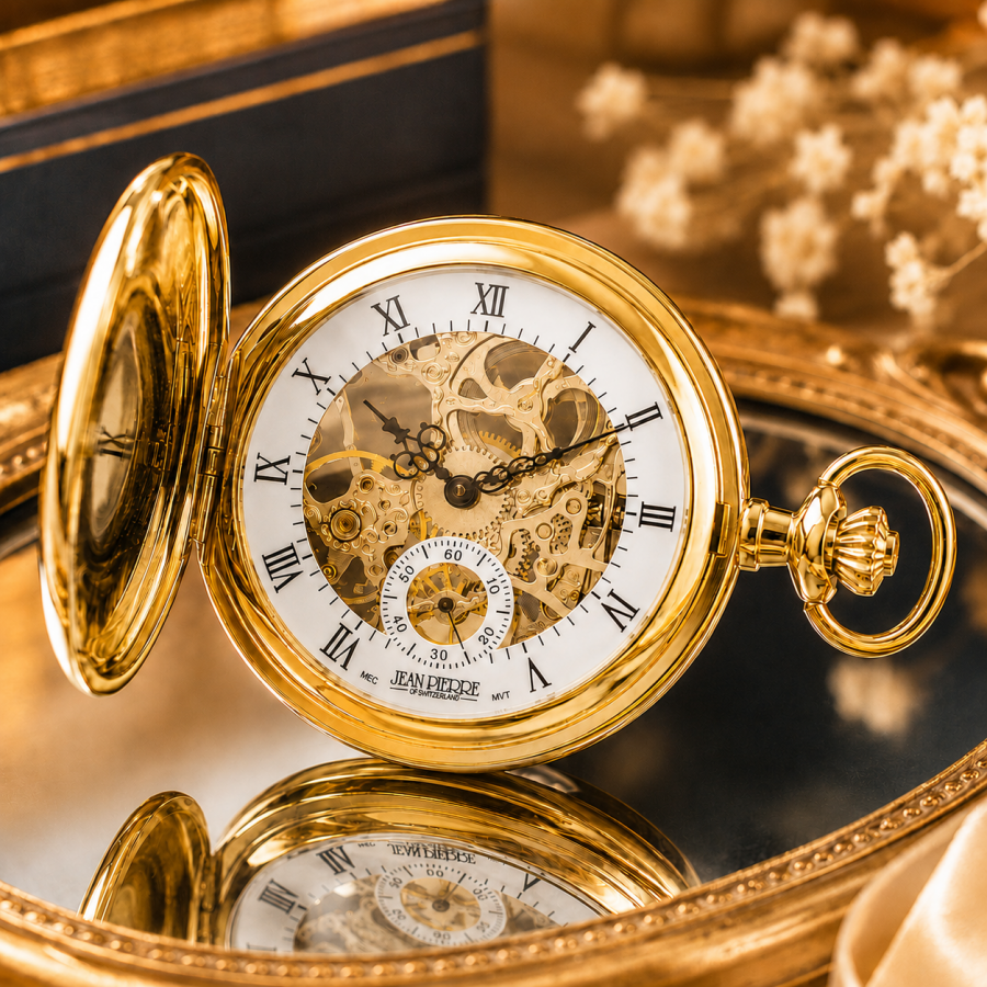 Gold Plated Half Hunter Skeleton Dial Mechanical Pocket Watch with Chain