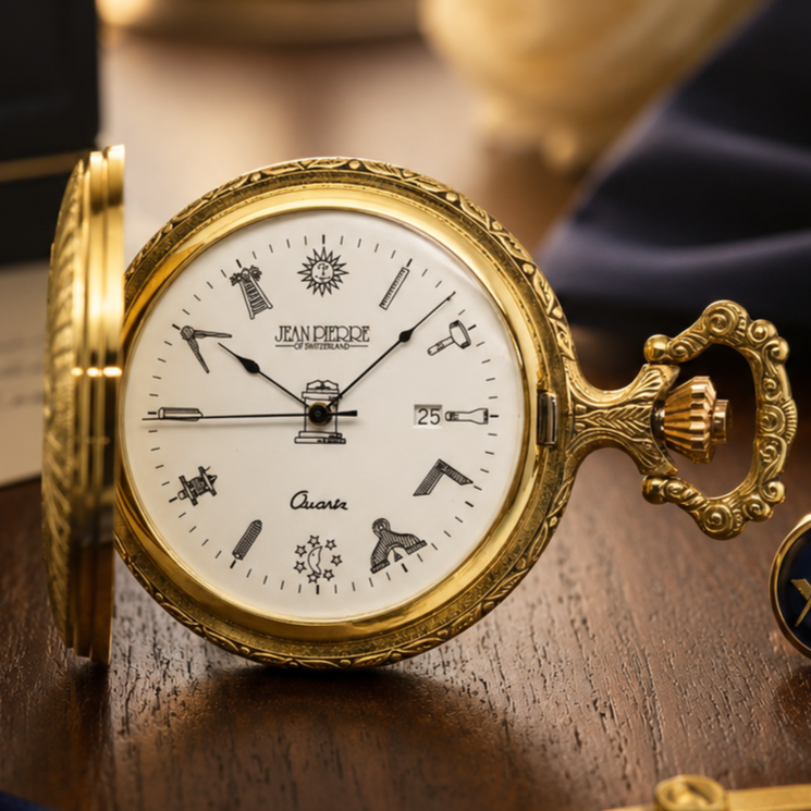 Full Hunter Gold Plated Masonic Quartz Pocket Watch