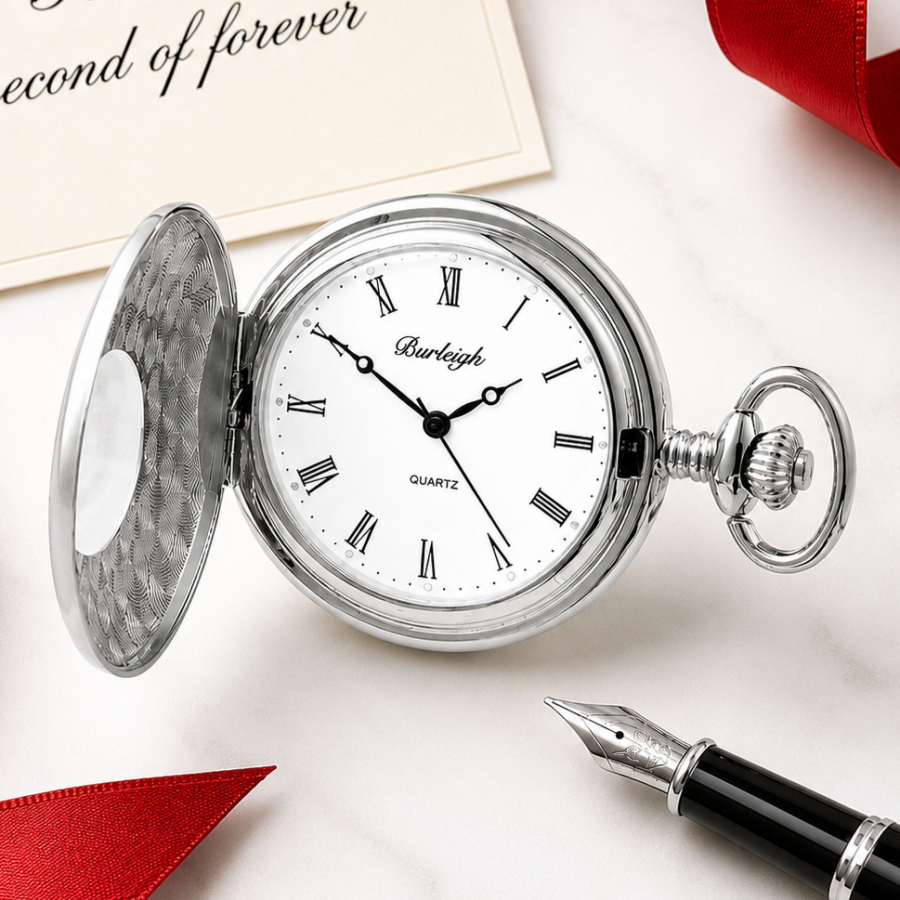 Chrome Plated Half Hunter Quartz Pocket Watch with Chain