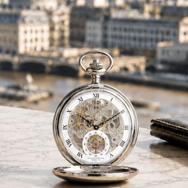 The Kensington Chrome Plated Double Hunter Mechanical Pocket Watch with Chain