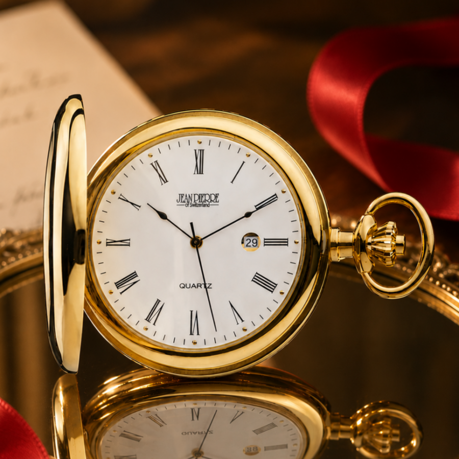 Gold Plated Full Hunter Date Display Quartz Pocket Watch with Chain