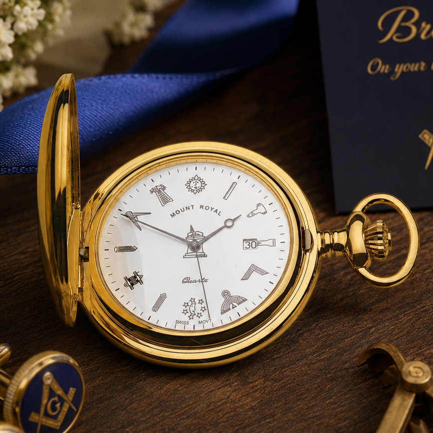 Gold Tone Full Hunter 17 Jewel Quartz Pocket Watch With Masonic Dial