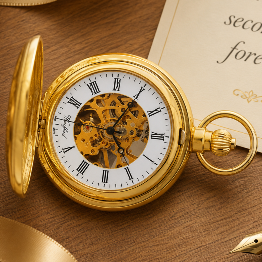 Gold Plated Full Hunter Skeleton Dial Mechanical Pocket Watch Lace Effect with Chain