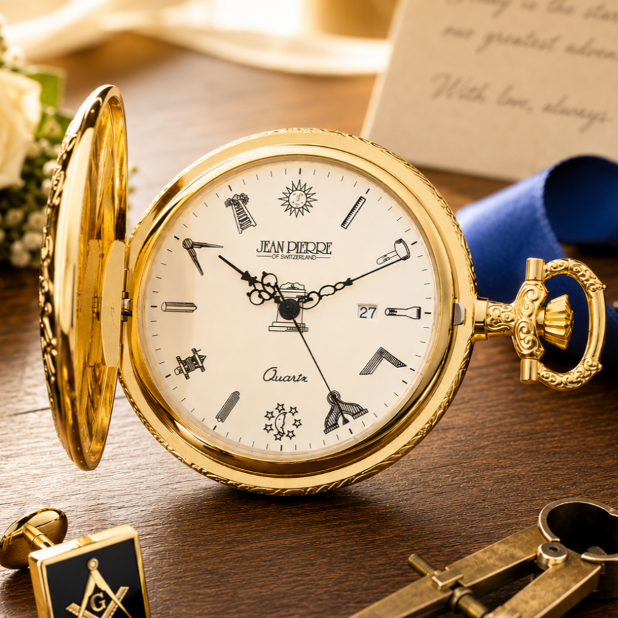 Masonic Gold Plated Half Hunter Date Display Quartz Pocket Watch with Chain
