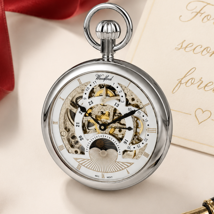 Chrome Plated Open Face Moon Dial Mechanical Pocket Watch with Chain