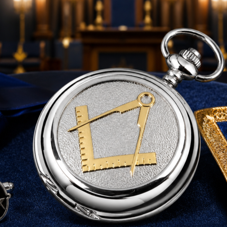 Masonic Chrome Plated Full Hunter Quartz Pocket Watch with Chain