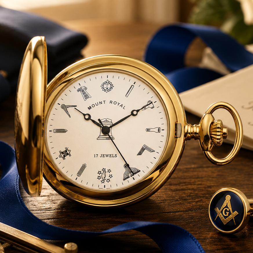Masonic Gold Plated Full Hunter Mechanical Pocket Watch with Chain (45mm) (G411PM)