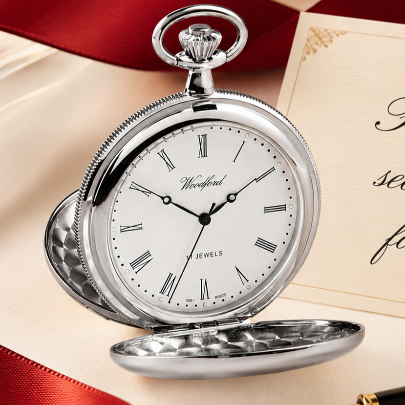 Battle of Britain Chrome Plated Double Hunter Mechanical Pocket Watch with Chain