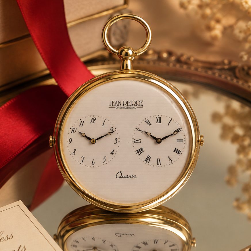 Gold Plated Open Face Dual Time Quartz Pocket Watch