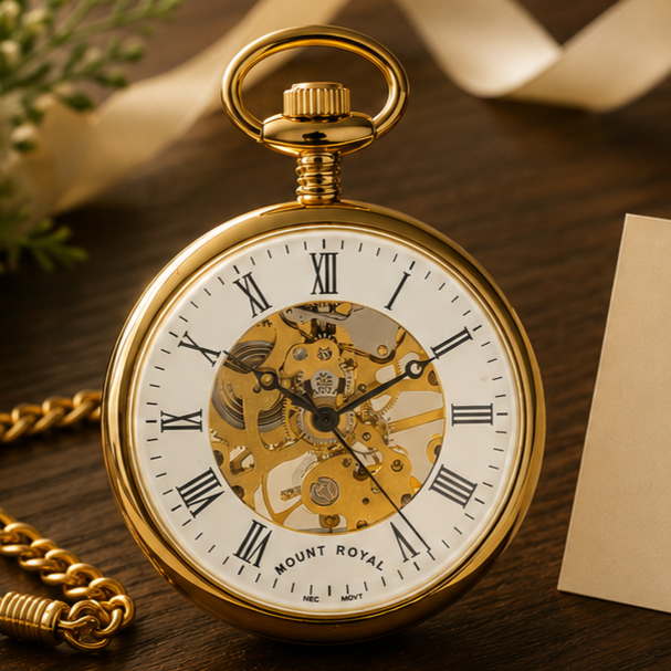 Gold Plated Open Face Skeleton Dial Mechanical Pocket Watch with Chain (40mm) (Roman Numerals)