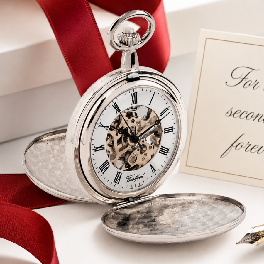 Chrome Plated Double Hunter Mechanical Pocket Watch with Chain