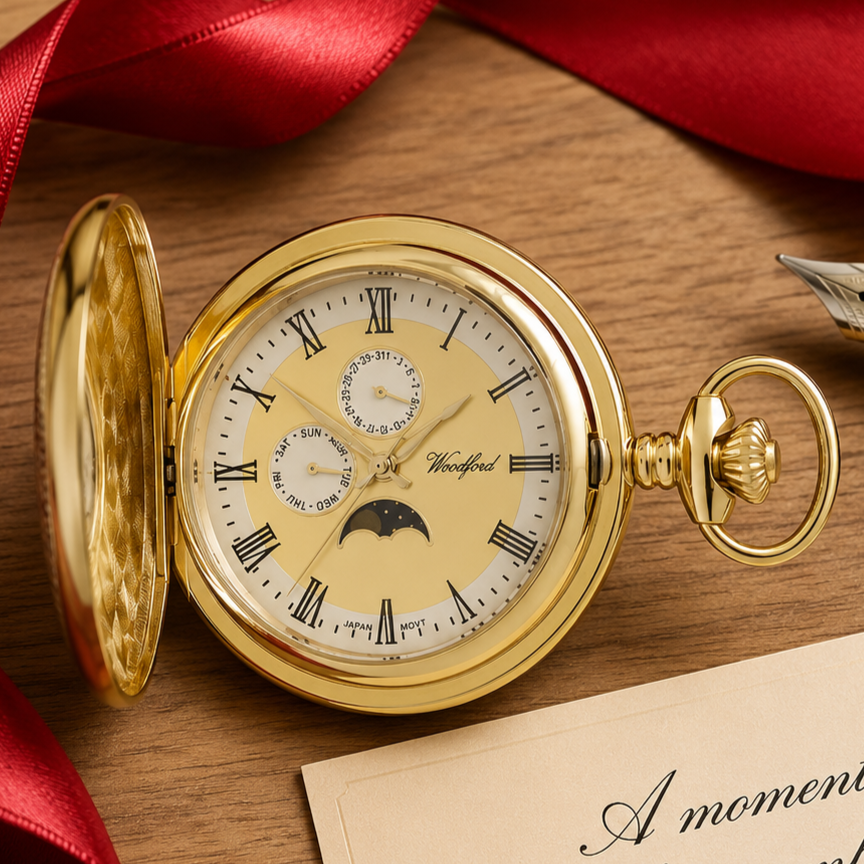 Gold Plated Half Hunter Moon Dial Quartz Pocket Watch Moondial with Chain