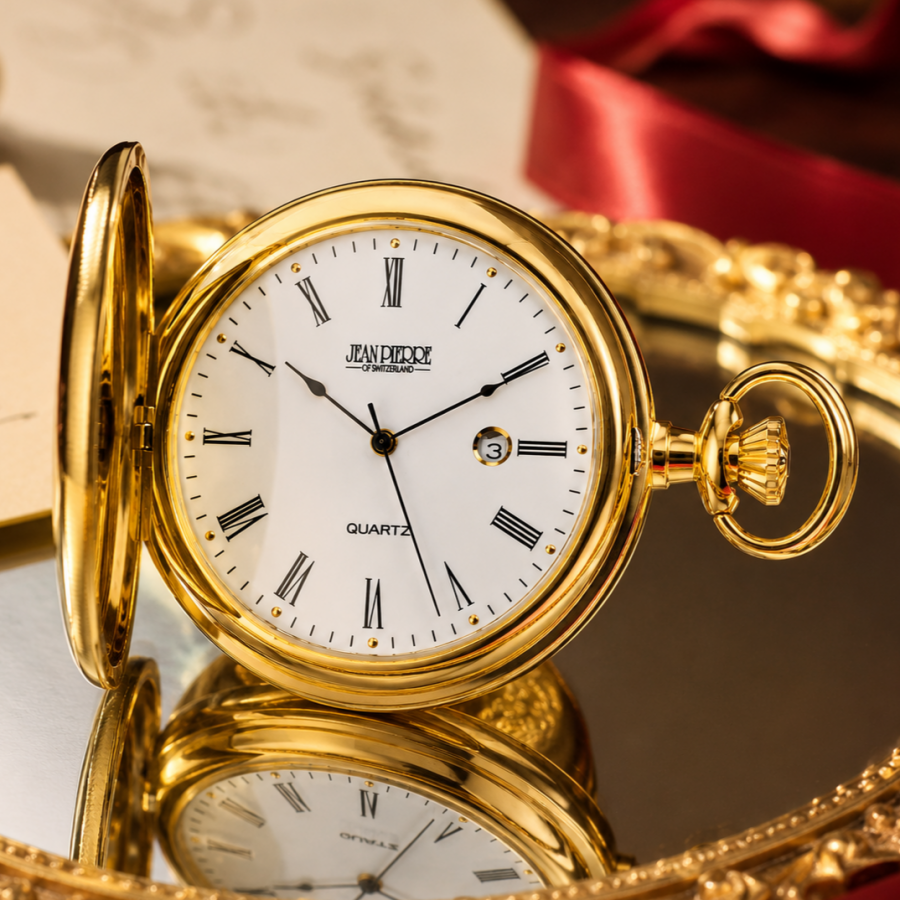 Gold Plated Full Hunter Date Display Quartz Pocket Watch Numerals with Chain