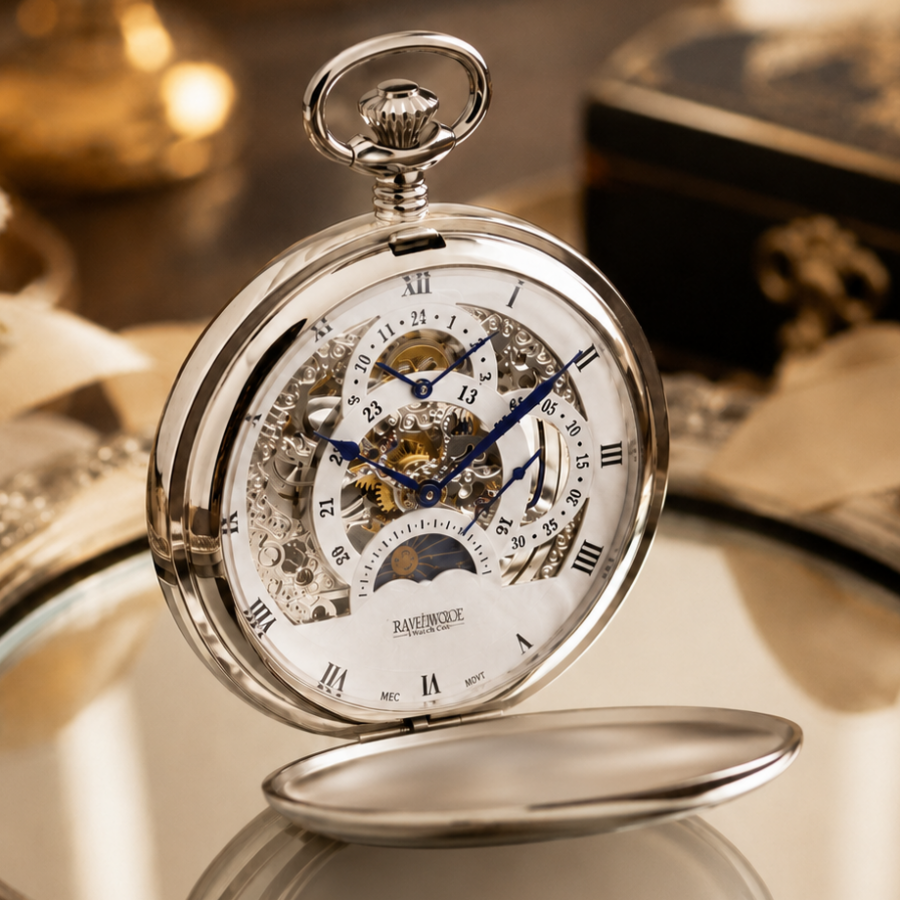 Chrome Plated Double Hunter Dual Time Mechanical Pocket Watch Moondial with Chain