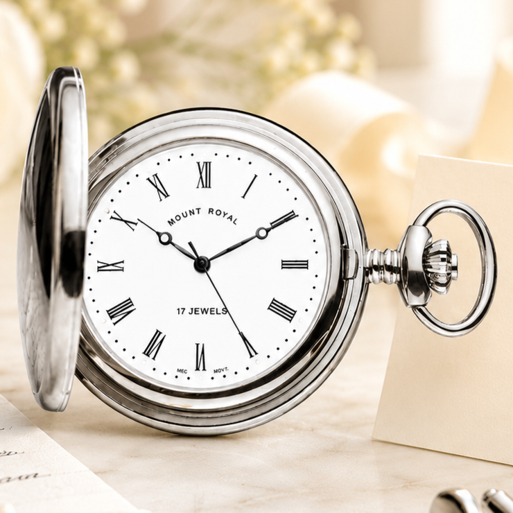 Chrome Plated Half Hunter Date Display Mechanical Pocket Watch with Chain