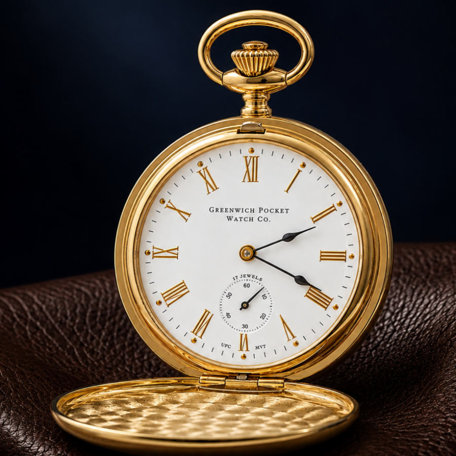 The Beaumont, Limited Edition 1000 Pieces UK Designed Gold Plated Double Hunter Mechanical Pocket Watch With Chain