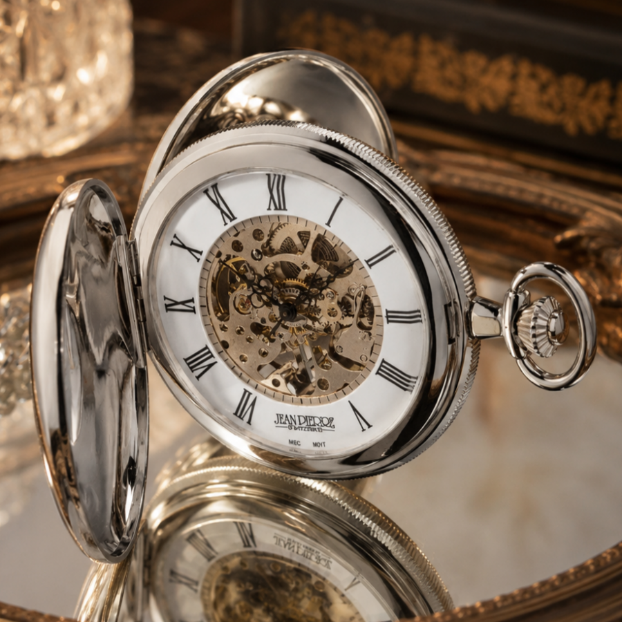 Chrome Plated Double Half Hunter Mechanical Pocket Watch with Chain (48mm)