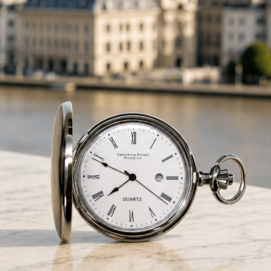 The Blenheim Chrome Plated Full Hunter Date Display Quartz Pocket Watch with Chain
