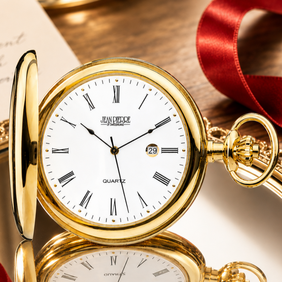 Gold Plated Full Hunter Date Display Quartz Pocket Watch with Chain