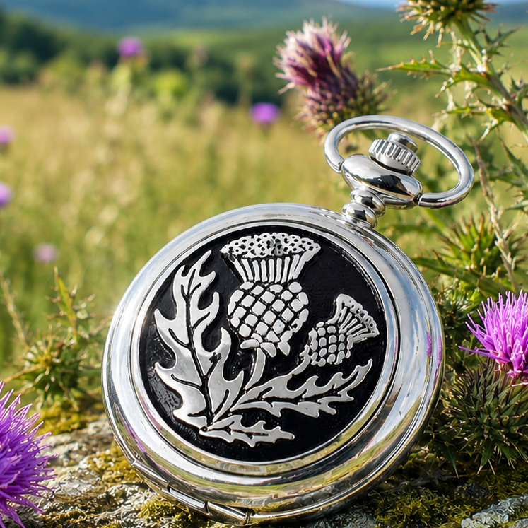 Thistle Chrome & Pewter Full Hunter Quartz Pocket Watch Black with Chain