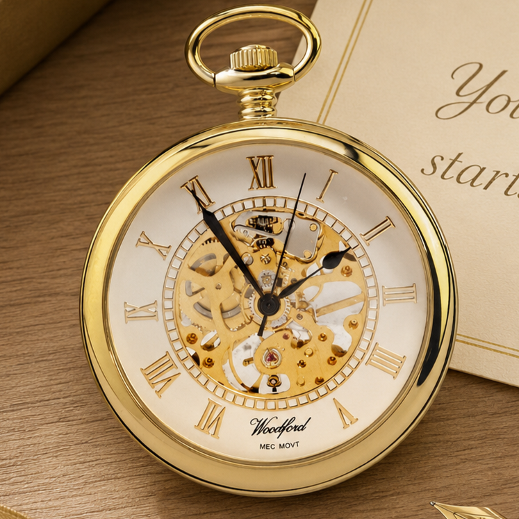 Gold Plated Open Face Skeleton Dial Mechanical Pocket Watch with Chain