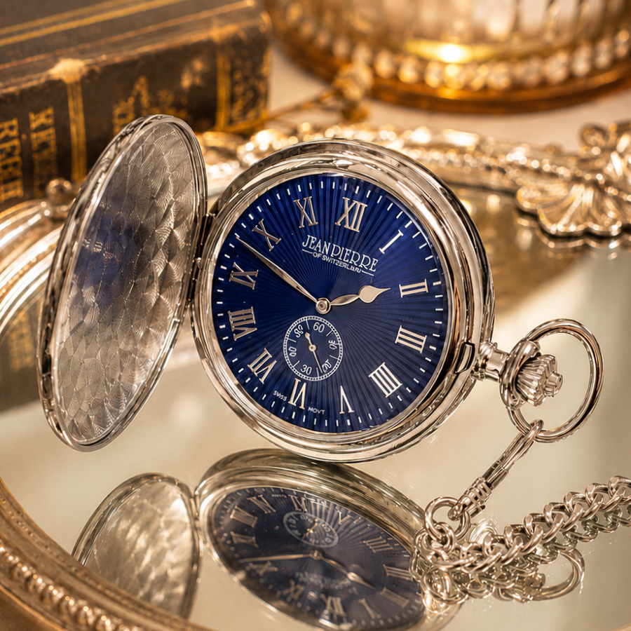 Chrome Plated Full Hunter Sunburst Dial Mechanical Pocket Watch Blue
