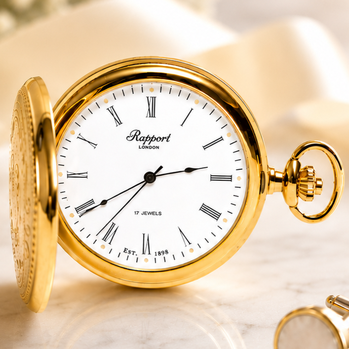 Gold Plated Full Hunter Mechanical Pocket Watch with Chain