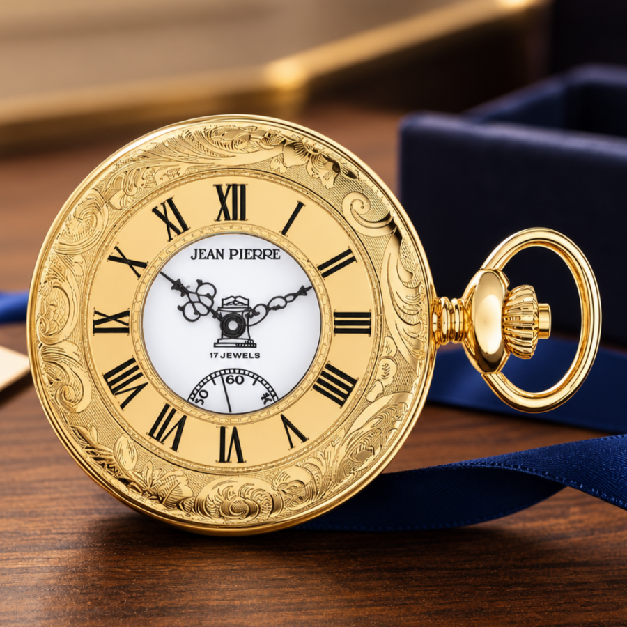 Masonic Gold Plated Half Hunter Mechanical Pocket Watch with Chain