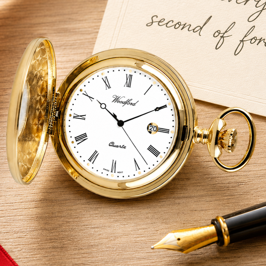 Gold Plated Half Hunter Date Display Quartz Pocket Watch with Chain