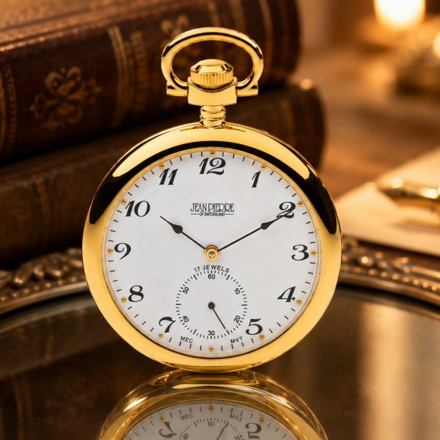Gold Plated Open Face Mechanical Pocket Watch with Chain (Arabic Numerals)