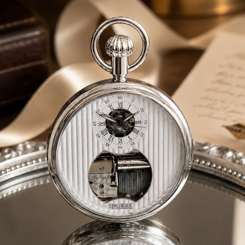 Chrome Plated Open Face Skeleton Dial Mechanical Pocket Watch with Chain