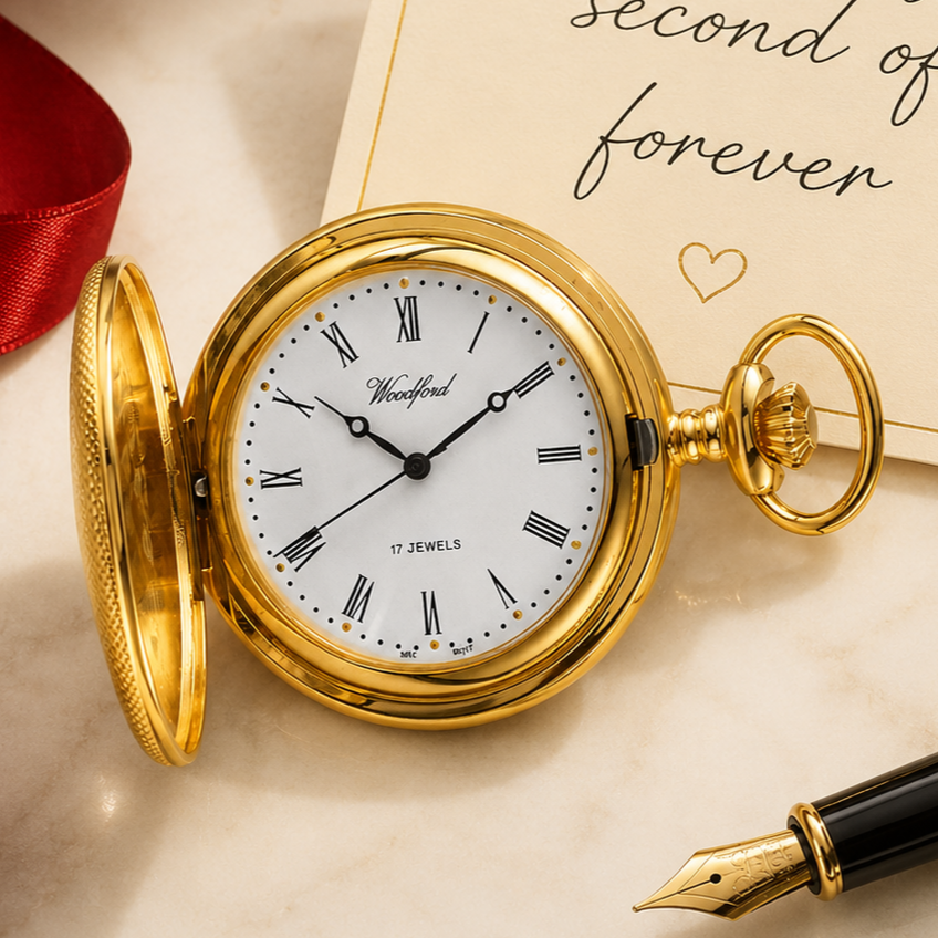 Gold Plated Half Hunter Mechanical Pocket Watch with Chain