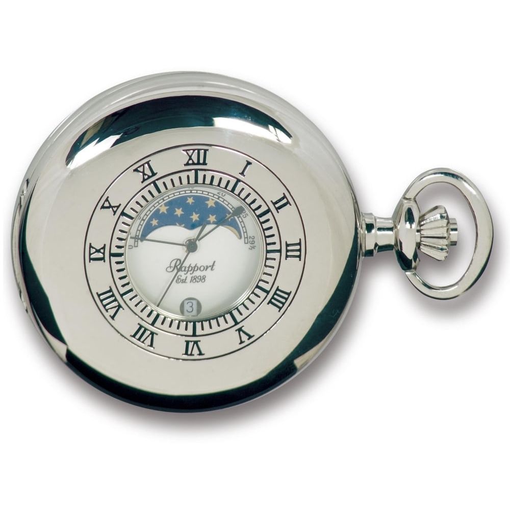 Silver Tone Polished Moon Phase Half Hunter Quartz Pocket Watch Pw81 Pocketwatch Uk 6358