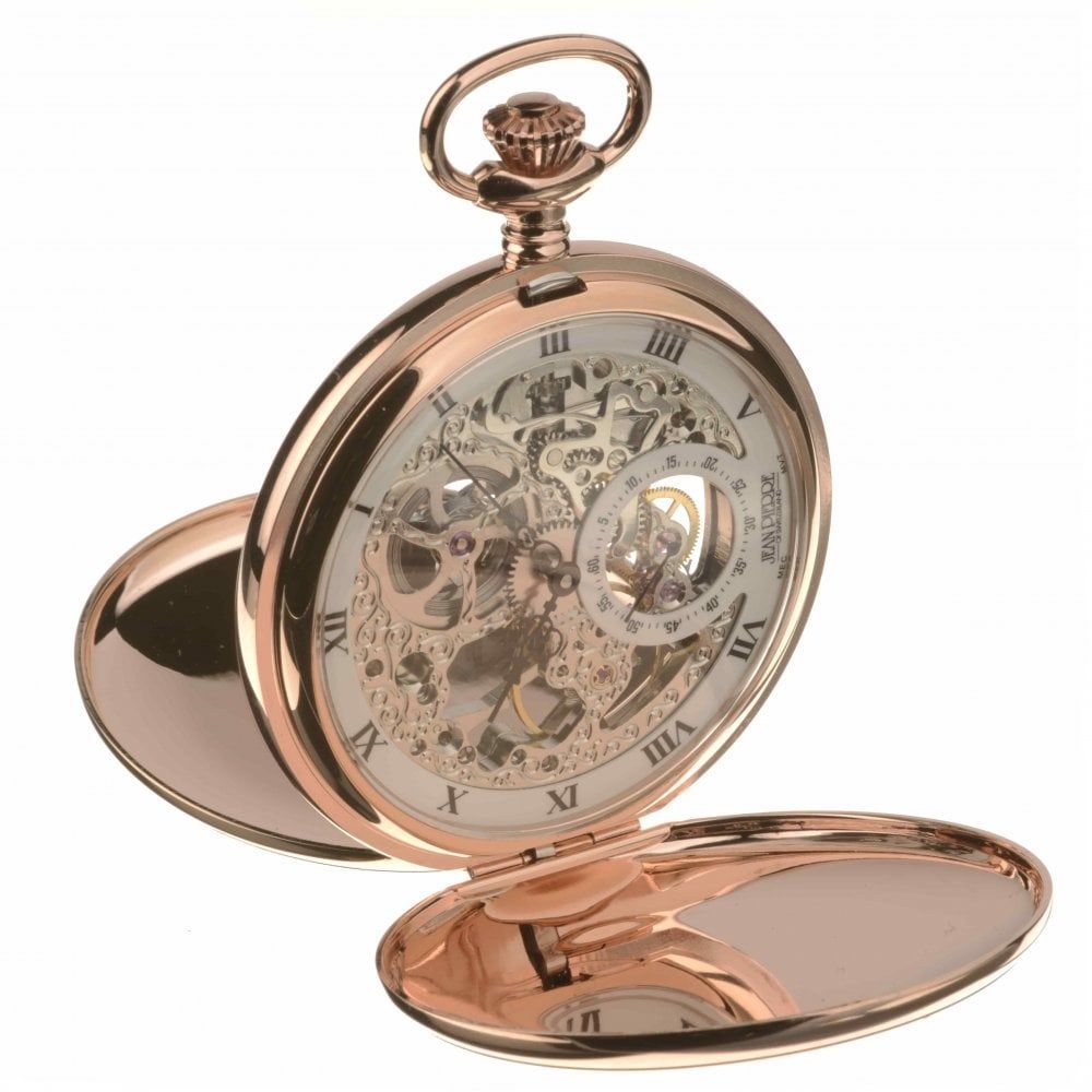 Rose Gold Plated Double Hunter Skeleton Mechanical Pocket Watch G250RPM