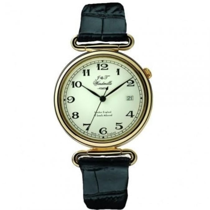 Black Leather Gold Plated Silver Mechanical Watch