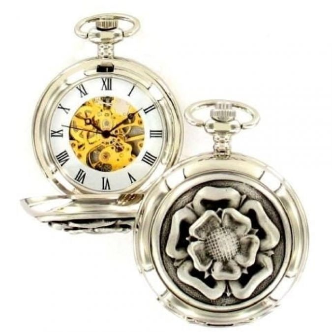 English Rose Chrome/Pewter Mechanical Double Hunter Pocket Watch