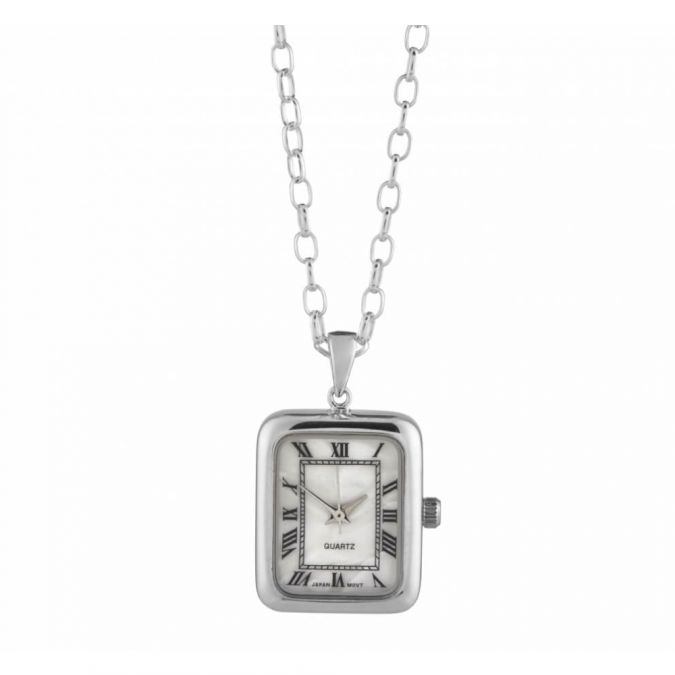 Chrome Rectangle Pendant Watch With Mother Of Pearl Dial