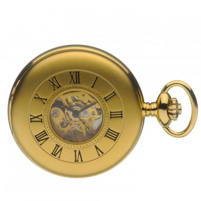 Matt Finish Gold Plated Mechanical Half Hunter Pocket Watch