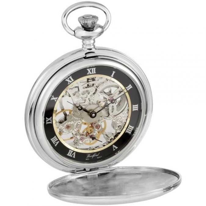 Chrome Plated Open Back Skeleton Full Hunter Pocket Watch