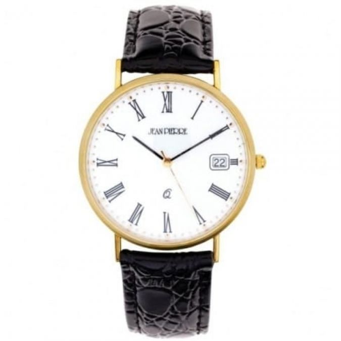 Gents 9 Carat Gold Black Leather Quartz Wristwatch With Roman Numerals