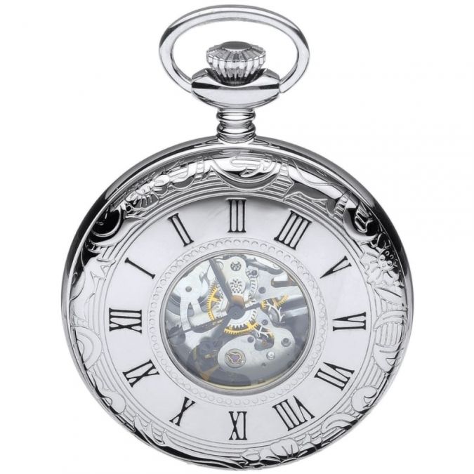 Chrome Plated Mechanical Half Hunter Pocket Watch with Skeletal Display