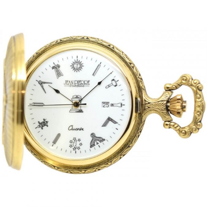 Full Hunter Gold Plated Masonic Quartz Pocket Watch