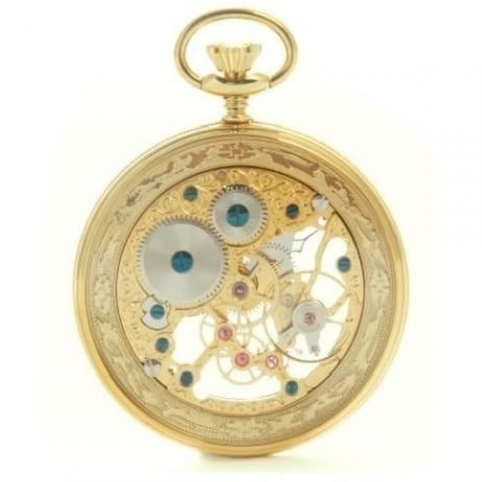 Swiss Gold Plated Mechanical Skeleton Open Face Pocket Watch