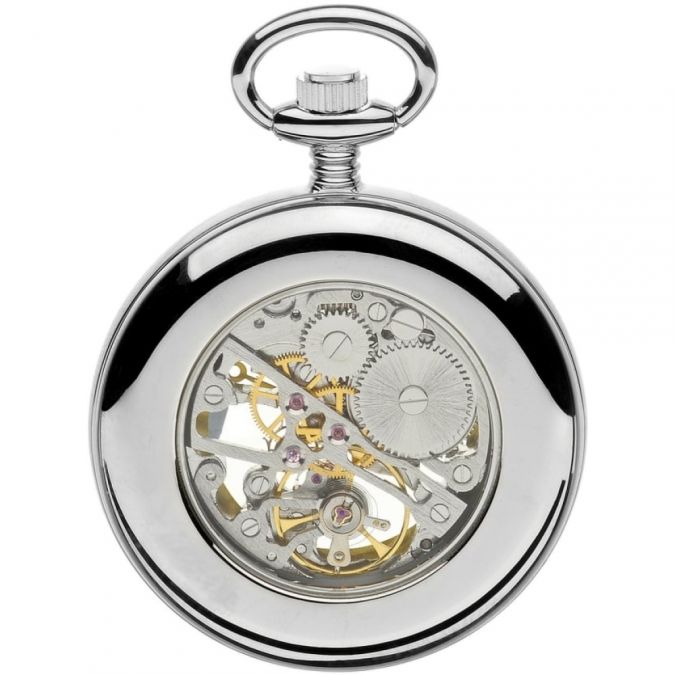 Chrome Plated Mechanical Open Face Pocket Watch with Skeletal Display