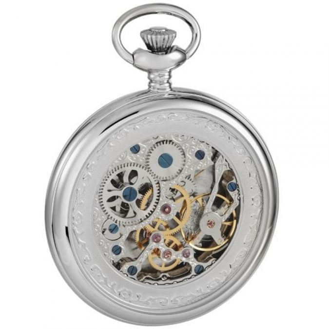 Chrome Plated Open Back Skeleton Full Hunter Pocket Watch