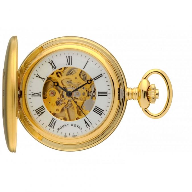Matt Finish Gold Plated Mechanical Half Hunter Pocket Watch