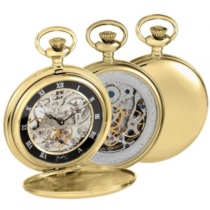 Gold Plated Open Back Skeleton Full Hunter Pocket Watch