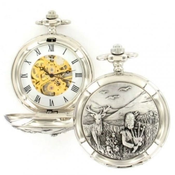 Bag Piper Chrome/Pewter Mechanical Double Hunter Pocket Watch
