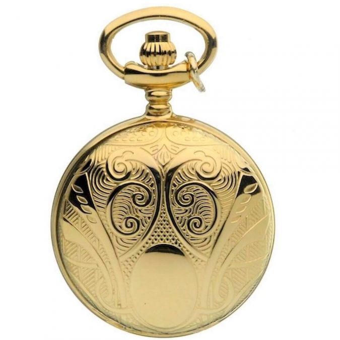 Gold Tone Full Hunter Pattern Quartz Pendant Necklace Watch